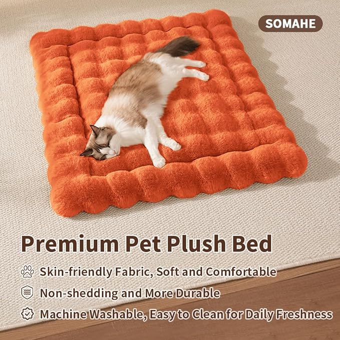 SOMAHE Cat Bed Mat, Soft Plush Faux Fur Kneading Pet Bed, Machine Washable Cat Sleeping Pad for Indoor Cats & Kittens, Non-Slip Fluffy Cat Rug for Couch Sofa Floor, 23x15 Inch Orange