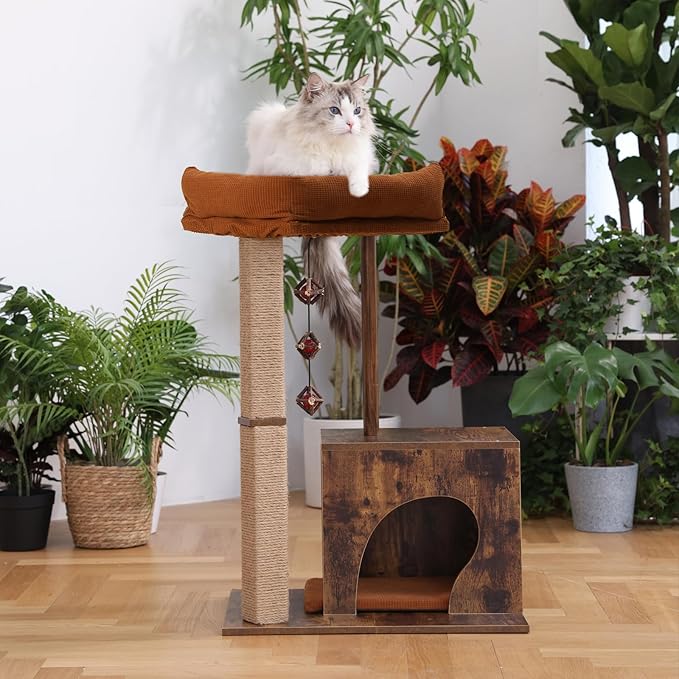 FUKUMARU Cat Scratching Post, Modern Style Cat Tree with Unique Square Post, Wooden Cat Tower with silvervine Balls, Retro Cat Brown Condo Scratcher for Indoor Cats（Solid Wood）