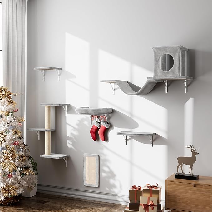 NUNU LAB Cat Wall Shelves, 6 Pcs Luxury Wall-Mounted Cat Climber Set, Indoor Cat Furniture with 1 Condos House, 2 Cat Wall Shelves, 1 Scratching, 1 Bridge Ladder, 1 Scratching Pad, Silver Grey