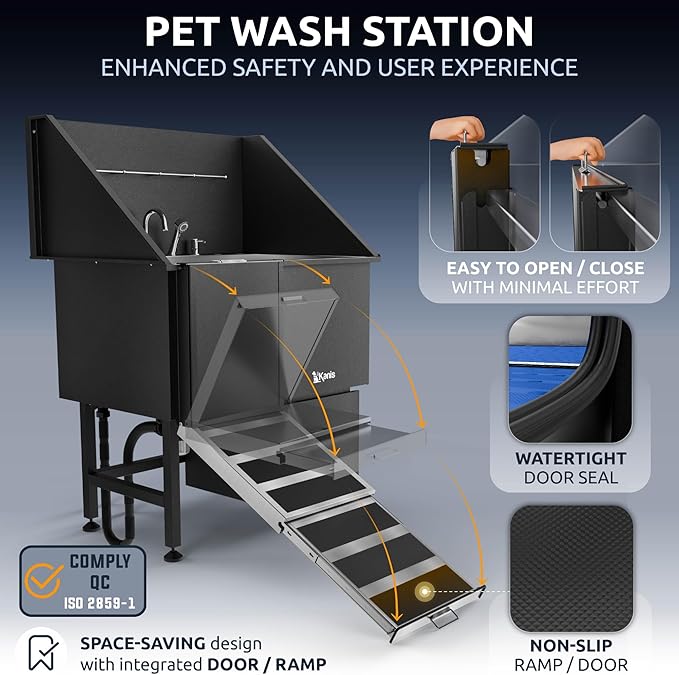 KANIS Professional Dog Washing Station 304 Stainless Steel Pet Wash Sink & Grooming Bathtub w/Shower, Floor Grates and Storage for Large, Medium & Small Pets (Black, 40 Inches, Left Ramp, 1 Drawer)