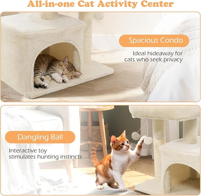 Tangkula Small Cat Tree for Indoor Cats, Cat Tower with Sisal Scratching Posts, Hanging Pompom, Cat Condo with Large Padded Plush Perch for Small Spaces, Kittens (Beige)