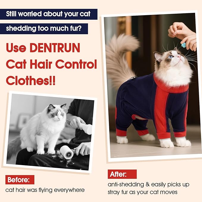 DENTRUN Cat Clothes with Anti-Shedding Fabric - Soft Recovery Suit & Breathable Lint-Resistant Cat Sweater for Wound Care & Hair Control, Kitten Onesie Pajamas, S, Dark Blue