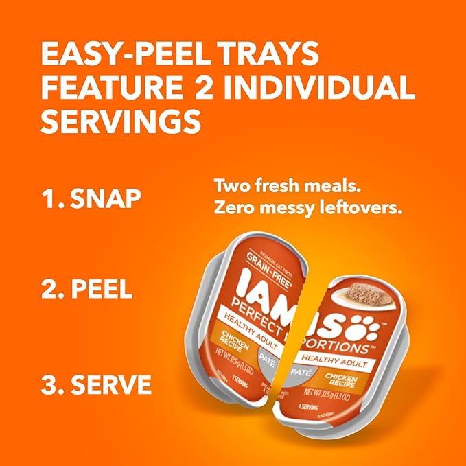 IAMS Perfect Portions Sensitive Digestion & Skin Wet Cat Food Pate, Healthy Adult Grain Free Pate, Chicken Recipe, 2.6 oz. (24 Twin Packs)
