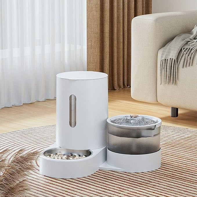 Cat Food Feeder and Water Fountain, Automatic Smart Pet Dry Food Dispenser and Water Dispenser for Pets Indoor