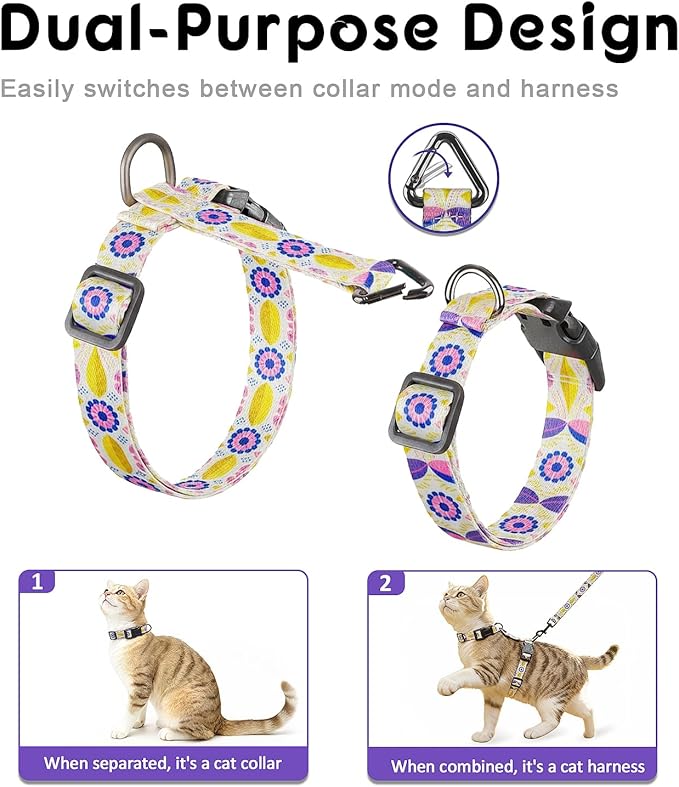 Halypet Cat Harness and Leash Set, Escape Proof 3-in-1 Adjustable Harness for Cats & Kitten, Soft Lightweight, Easy On & Control for Walking, Travel & Outdoor Use, Pastel Floral, Medium