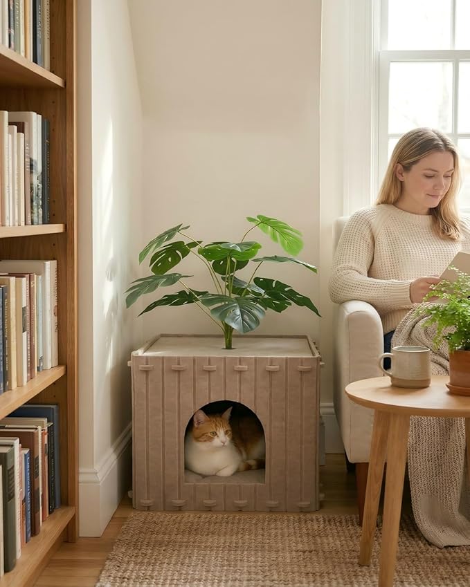 Cat Houses for Indoor Cats with Decorative Plants, Hidden Indoor Cat Bed Cave, Cozy Felt Design, Strong Scratch-Resistant Capacity, Hideaway Cat Condo, Ideal for Home Decor, Dark Camel