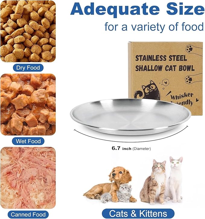 Supet Cat Plates for Wet Food, Non Slip Food Bowls Whisker Friendly, Stainless Steel Shallow Wide Dishes for Indoor Cats (13Oz, 8Pcs)
