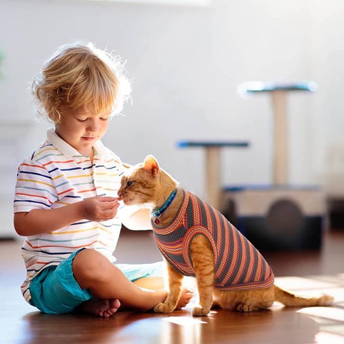 Sphynx Cat Clothes, Breathable Hairless Cat Shirts, Stripe Kitten T-Shirts Sleeveless, Pullover Cat Sweaters, Pet Summer Apparel for Sphynx, Cornish Rex, Devon Rex, Peterbald, Small Dogs