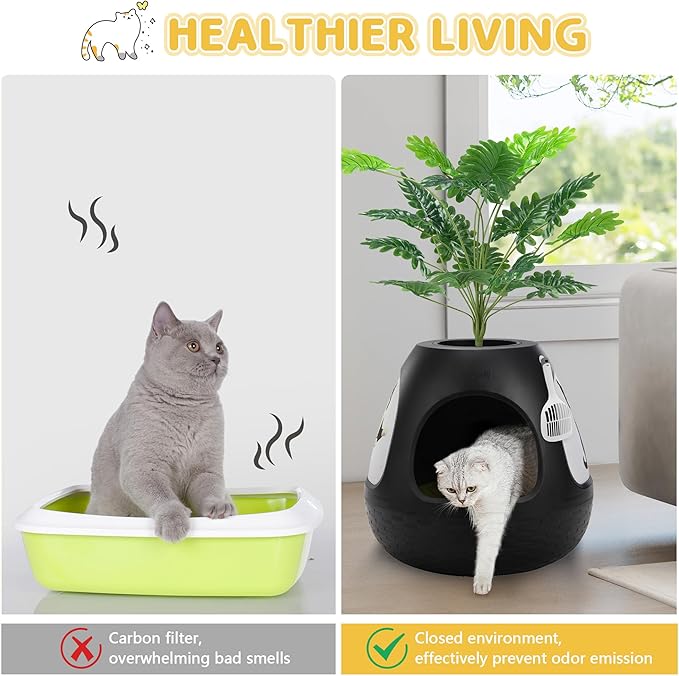 COZIWOW Eggloa6 Plant Litter Box, Hidden Cat Litter Box with Artificial Plants, DIY Litter Box Furniture, (Black, Basic)