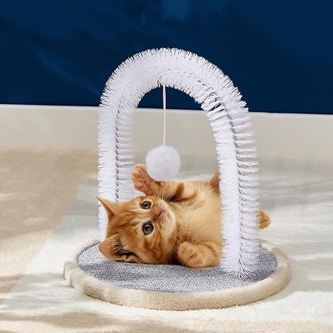 Cat Arch Self Groomer with Cat Toy Ball Cat Arch Scratcher Cat Hair Brush Cat Brush Arch Grooming Supplies Kitten Hair Massaging Brush with Dangling Ball