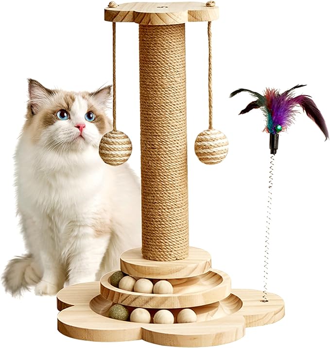 Cat Scratching Post for Kittens, 4 in 1 Wooden Cat Scratcher Toy, 17.7" Tall Scratch Post with 2 Level Cat Track Balls, Interactive Feather Toy and 2 Sisal Hanging Balls for Indoor Kittens
