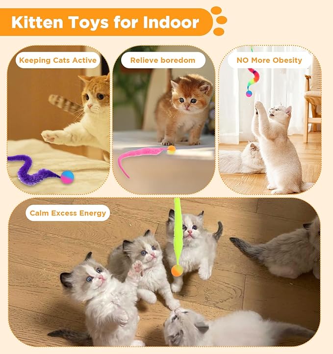 7pcs Bouncy Balls for Cats, Colorful Magic Worm with Ball, Interactive Cat Bouncy Ball, Twisty Fuzzy Worms for Cats Party Favors, Rainbow Colors