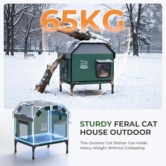 Heated Outdoor Cat House for Winter: Insulated with Heating Pad, Indestructible Weatherproof Winter Shelter, Elevated Support to Keep Interior Dry for Stray Cats, Medium
