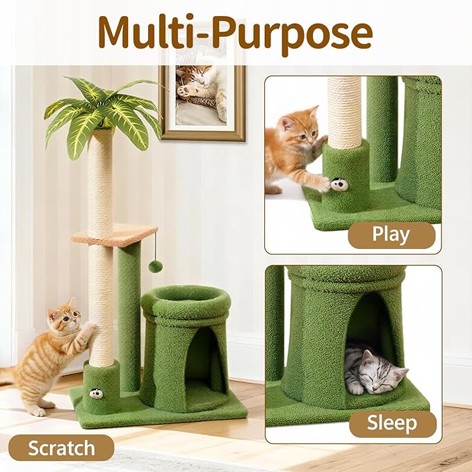 Cat Tree Tower Scratch Post Stand for Indoor, 41" Compact Palm Tree Kitten House Condo with Cozy Bed for Small Cats, Space Saving Design, Supports Climber Scratching Playing and Rest