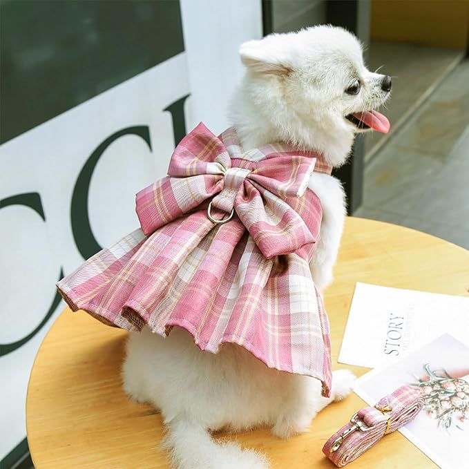 Dog Plaid Dress Puppy Bow Skirt Harness Leash Adjustable Doggie Summer Dresses for Small Dogs Cats Rabbit Bunny Chihuahua Yorkies Cute Pet Outfits (Pink, Large(Suggest 9-12 lbs))