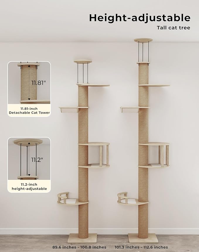 COZIWOW Floor to Ceiling Cat Tree, Tall Cat Tower with Lots of Scratching Posts, Designed for Large Cats, Indoor Cat Furniture Suitable for All Cat Sizes