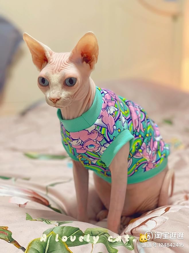 Sphynx Cat Clothes, Hairless Cat Shirt, Soft Stretchy Sweater for Cats, Breathable Cat Daily Outfit,Pullover for Cornish Rex, Devon Rex (Green, L (5-6.5lbs))