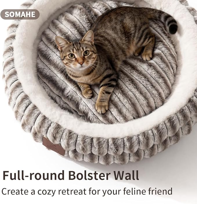 SOMAHE Cat Bed, Round Plush Faux Fur Donut Cuddler – Machine Washable Calming Cat Bed for Indoor Cats & Kittens, Removable Cushion Non-Slip Fluffy Kitten Bed, Cozy Small Cat Nest, 20" Inch Coffee