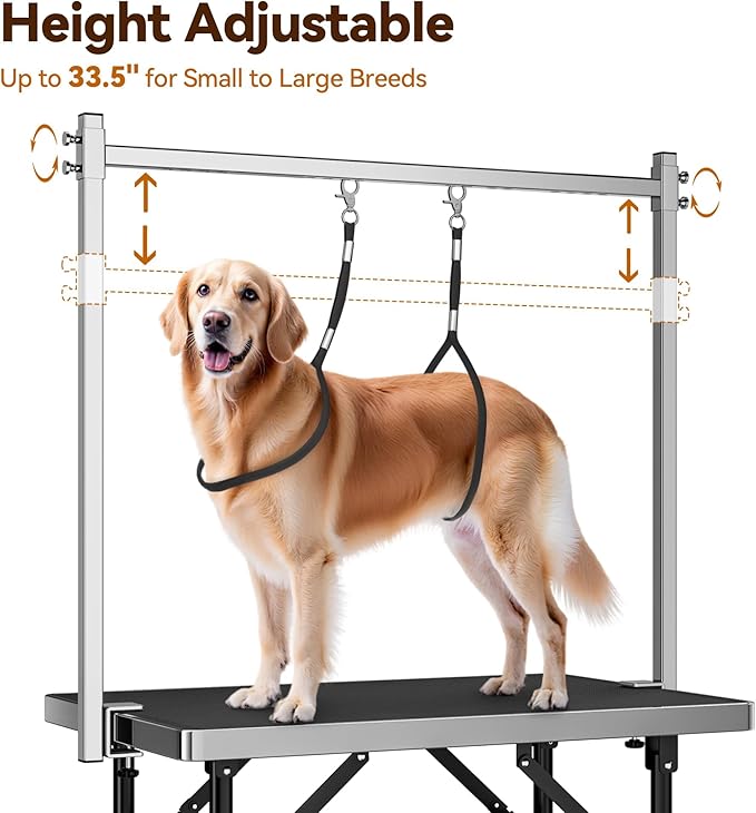 niffgaff Dog Grooming Table with Arm, Hammock & Nooses, 30" H Foldable Heavy Duty Pet Grooming Station, 35.5" L×23.6" W Non-Slip Waterproof Tabletop, 33.5" Height Adjustable Stainless H-Frame Arm