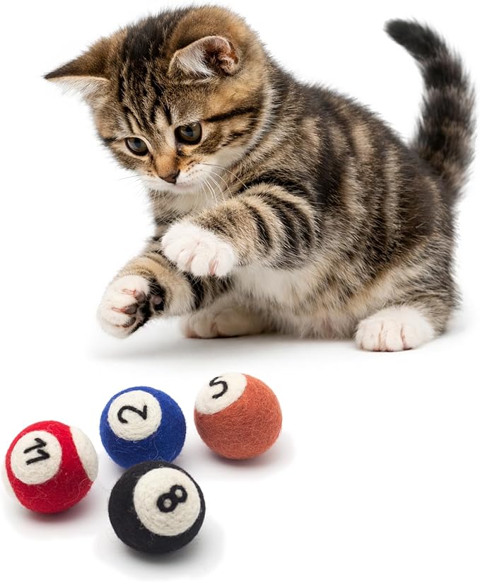 Glaciart One Wool Pool Ball Cat Toy – 4 Pcs with Catnip - Soft Fuzzy Enrichment 100% Natural Felt Cat Toy - Interactive Play Set - Safe for Pets, Non-AZO Colored Dyes – 1.5”