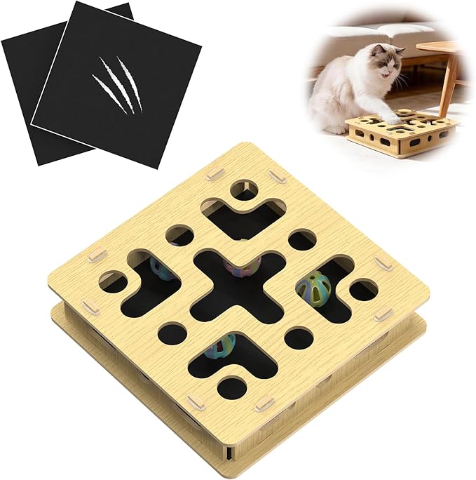 EIODEAR Cat Nail File Scratcher Box with 3 Sandpaper Pads & 4 Bell Balls, Sturdy Wood Cat Nail Scratcher to File Nails, Cat Toy Filer Toy for Treat-Motivated Cats, Included Silicone Security Rings