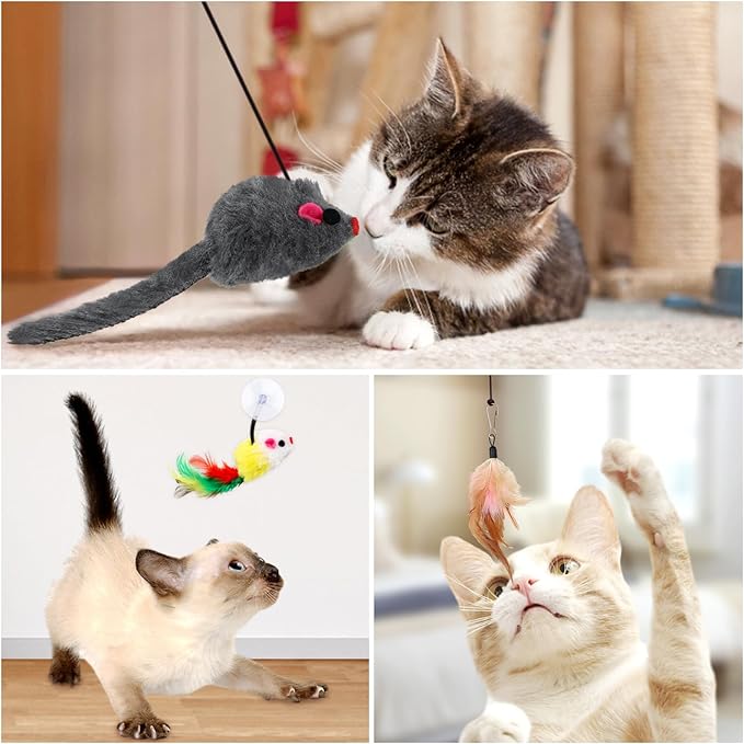 QUOZUO Cat Toys Replacement Cat Toy Wand Refills, 12 Pcs Cat Feathers Refill, Cat Toy Mouse Cat Wand Refill Attachments for Indoor Cats