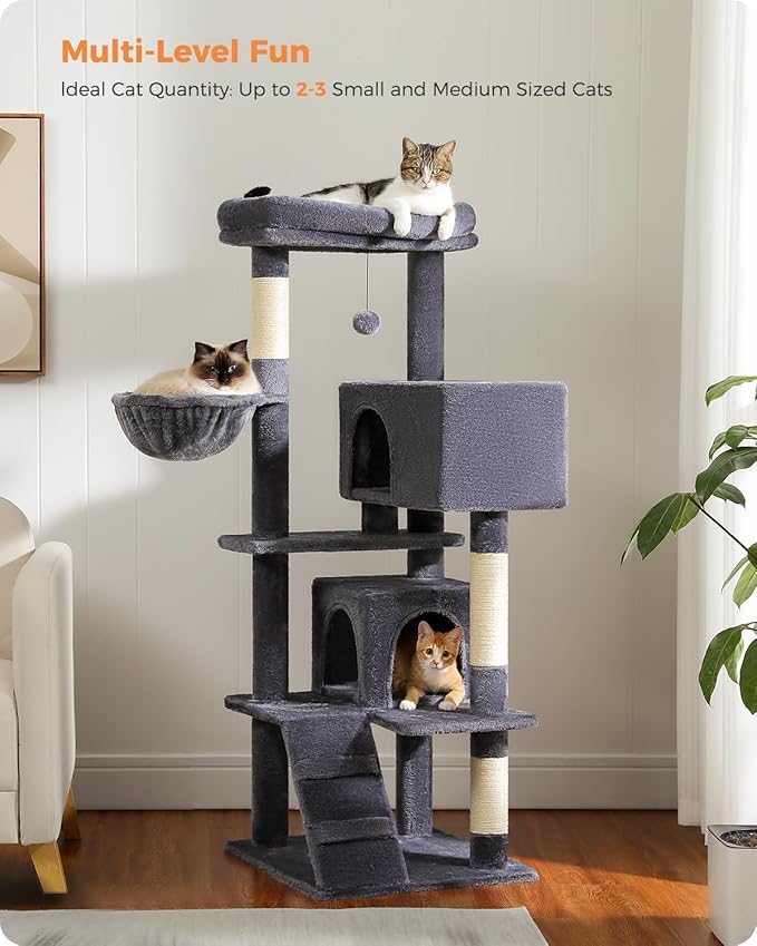 MUTTROS Cat Tree for Large Cats Adult with Super Large Top Perch, 56.3" Tower with Plush Hammock, Shelves and Dangling Pompom, Scratching Posts and 2 Condos House, Dark Gray