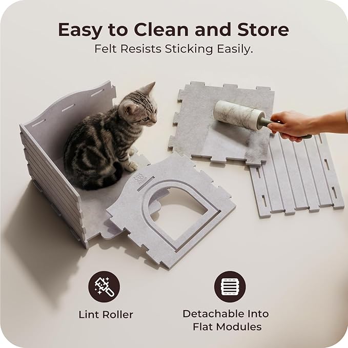 Cat Bed Cave for Indoor Cats: New Felt Cat Bed with Fluffy Ball Hanging, Foldable Cat House with Scratch-Resistant Board, Hideaway Cat Cave for Timid Cats, Sturdy Two-Tier Cat Condo - Gray