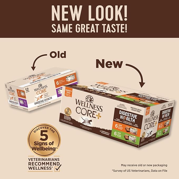 Wellness CORE+ Digestive Health Pate Variety Pack Adult Canned Wet Cat Food, Natural, Protein Rich, Grain Free, Chicken and Turkey Recipes, 3 oz, Pack of 12 Cans