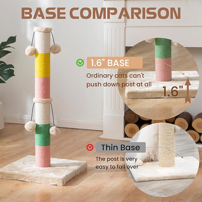 30 Inch High Cat Scratching Post with 4 Plush Teasing Toy Balls, Natural Sisal Rope Post and Thickened Base, Red Green Yellow White