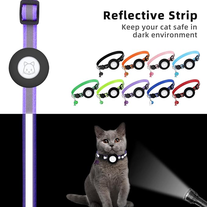 Airtag Cat Collar, Air tag Cat Collar with Bell and Safety Buckle in 3/8" Width, Reflective Collar with Waterproof Airtag Holder Compatible with Apple Airtag for Cat Dog Kitten Puppy (Purple)