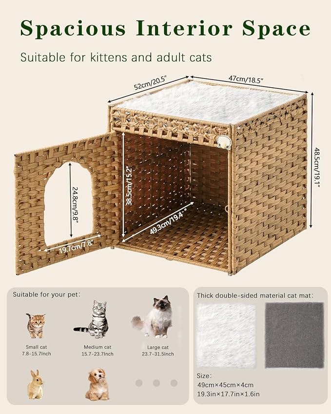 SETVSON Cat Beds for Indoor Cats Extra Large Double Cat Cave Pet Cube, Handwoven Rattan Cat Houses with Double-Sided Soft Cushions, 18.5 x 20.5 x 19.1 Inches Foldable Hideaway in Living Room Natural