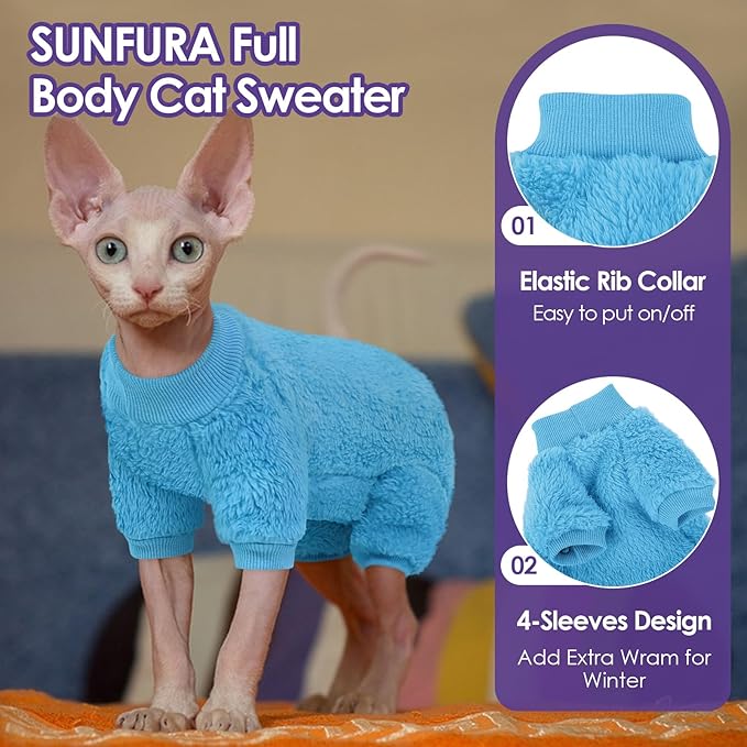 Sphynx Hairless Cat Sweater, Full Body Warm Fleece Sweaters with Sleeves for Cats, Soft Turtleneck Cat Clothes, Cozy Pullover Pajamas for Hairless Cats Devon, Donskoy & Small Dogs, Blue S