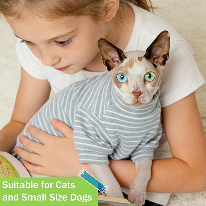 Sphynx Cat Sweater Hairless Cat Clothes Sweater Shirt Soft Warm Long Sleeves Pullover Pet Clothes Pajamas Dog Cloth for Small Dogs Jumpsuit Pet Sweaters (G&W Striped, Small)