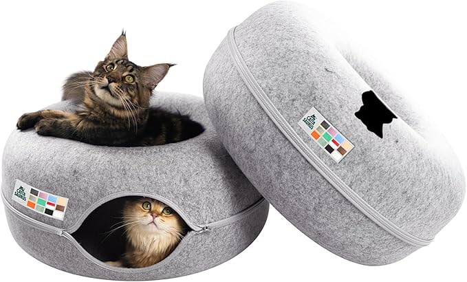 Cattasaurus Peekaboo Cat Cave Donut for Multiple & Large Cats up to 30-45 lbs, 3-in-1 Self Warming Cat Bed, Tunnel & Scratcher for Indoor Cats, Washable & Detachable (Light Gray + Light Gray, Large)
