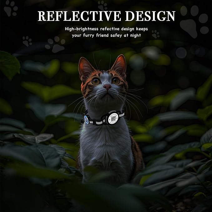 Cat Collar with Airtag Holder & QR Code Tag, Reflective Breakaway Kitten Collar with Quick Release Buckle, Adjustable Nylon Safety Collar for Indoor Outdoor Cats (Black)