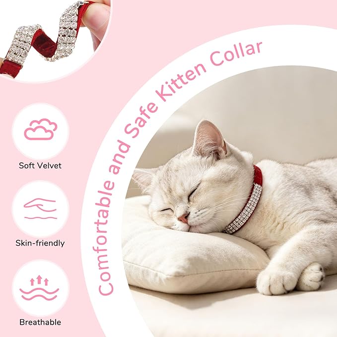 BINGPET Diamond Cat Collar with Bell, Adjustable Soft Velvet Bling Rhinestone Cat Collar, Sparkly Kitten Collar with Safety Elastic & Metal Buckle for Small Medium Cats