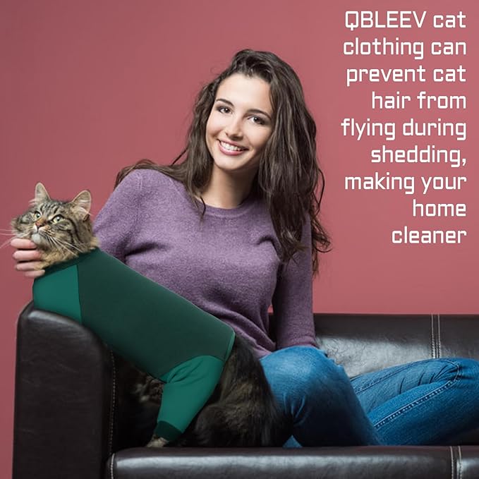 QBLEEV Sticky Hair Cat Clothes, Soft Cat Pajamas for Cats Only, Prevent Lost Fur Kitten Sweater Onesie, Stretchy Recovery Suit for Female Male Cats After Surgery Daily Wear, Green, XXL