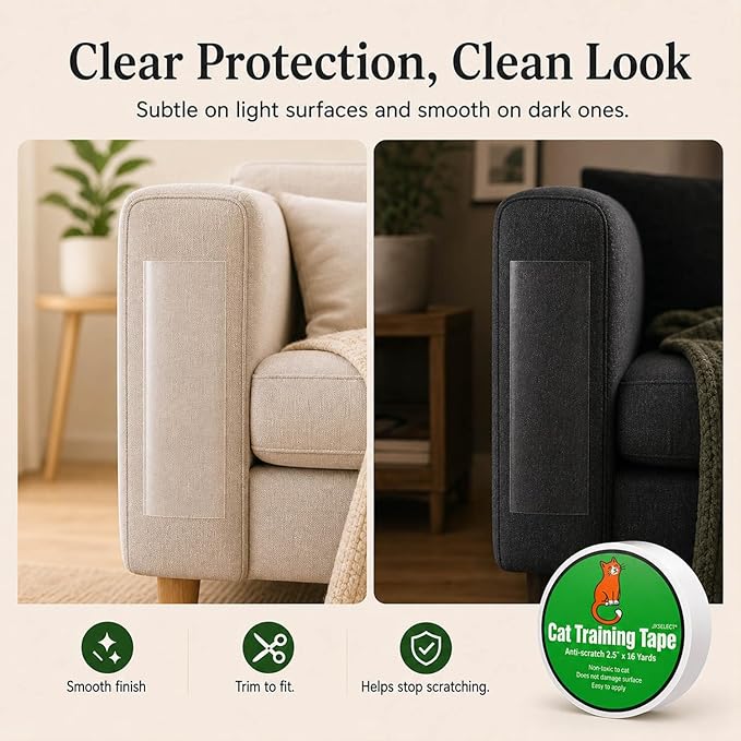Anti-Scratch Tape for Furniture - Stop Cats from Scratching Couch, Chair Corners, Door Frames, Countertops, and Carpets, Clear Double-Sided Cat Training Tape, 2.5" x 16 Yards Roll