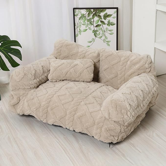 Plush Calming Pet Sofa Bed, Soft Cat Dog Couch with Removable Cover, Large Kennel Cat Sleeping Sofa Chair Furniture, Non-Slip Bottom for Supplies Cats Dogs(Beige,Large)
