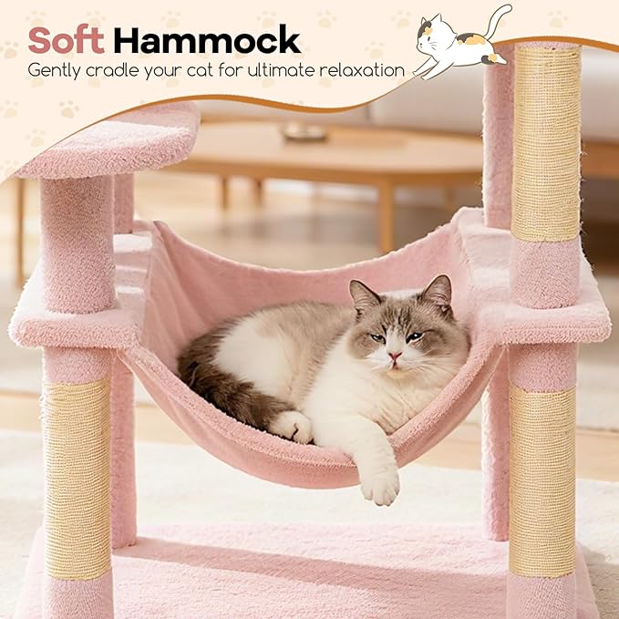 DORTALA 75" Tall Modern Cat Tree, Multi-Level Cat Tower with Large Condos, Sisal Scratching Posts, Top Perch, Hammock, Dangling Balls, Kitten Beds & Climbing Furniture for Indoor Cats (Pink)