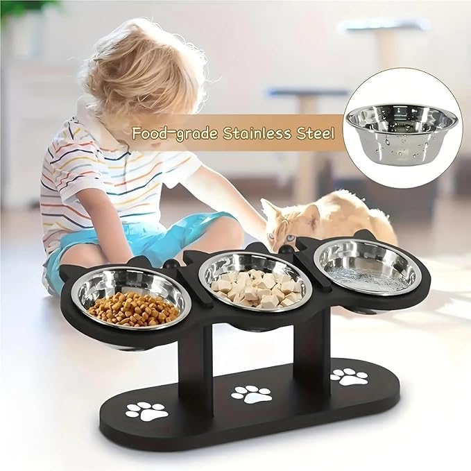 15° Tilt Elevated Stainless Steel Cat Bowl, Wooden Stand Pet Food Water Feeding Dish
