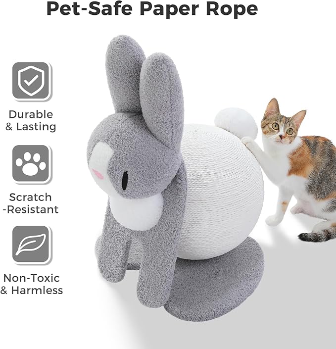 MUTTROS Cute Cat Scratcher- Bunny Style, Cat Scratching Post with Paper Rope, Extra Large Cat Scratch Ball (Ø11.8) for Indoor Kitten, Rabbit Scratch Ball for Kitty to Climb & Play, Gray