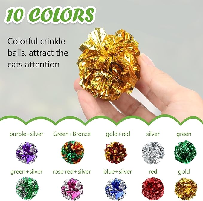 Silkfly 15 Pcs Polyester Film Crinkle Balls Cat Toys 2.36" Interactive Crinkle Ball, Colorful Balls Chew Toy for Cat Chase Ball Toys Attract Cats for Indoor Cats and Kittens to Keep Fit and Active
