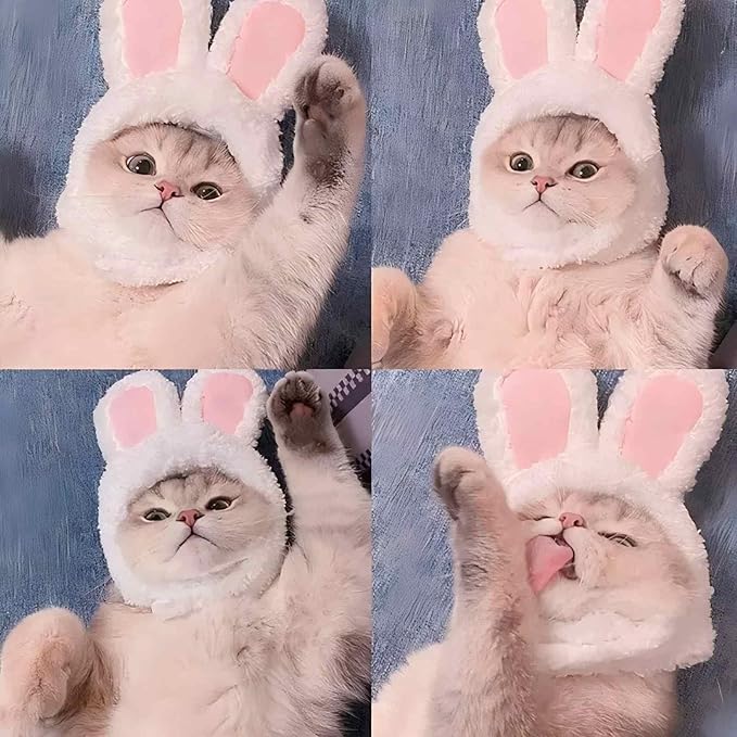 Rabbit Ears Hat for Cats & Small Dogs - Adjustable Plush Bunny Costume Headband for Easter, Halloween & Pet Party Dress Up (White)