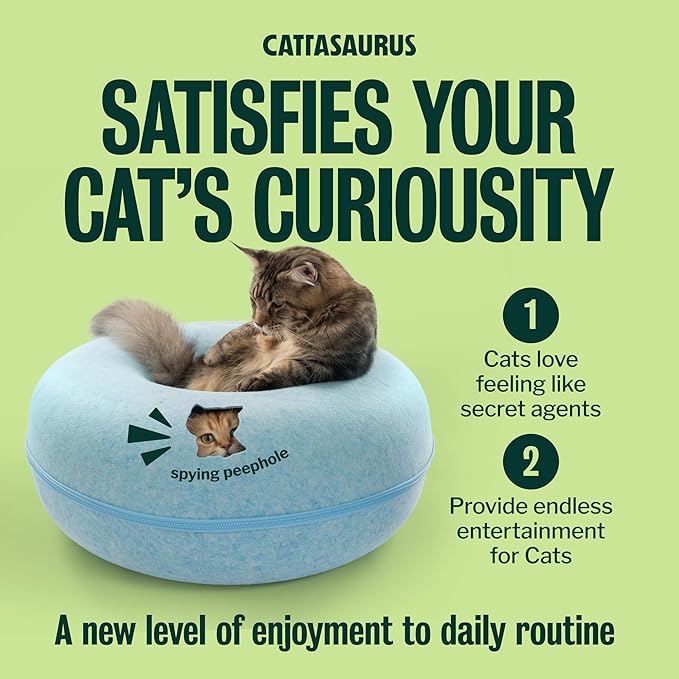 Cattasaurus Peekaboo Cat Cave Donut for Multiple & Large Cats up to 30-45 lbs, 3-in-1 Self Warming Cat Bed, Tunnel & Scratcher for Indoor Cats, Washable & Detachable Small Dog Bed (Blue, Jumbo)