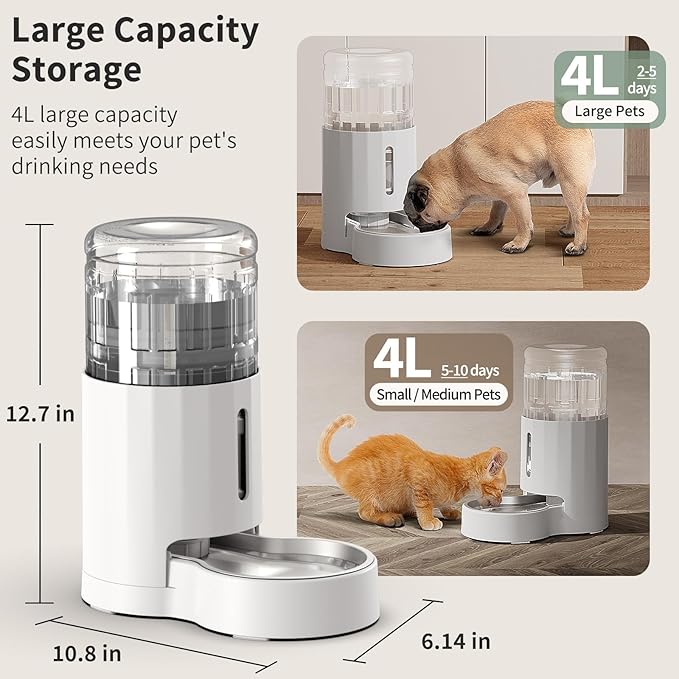JUNSPOW Cat Water Dispenser with Stainless Steel Bowl, Automatic Gravity Water Dispenser for Cats or Small Medium Size Dogs, Large Capacity, Easy to Clean and Safe for Pets (4L White)