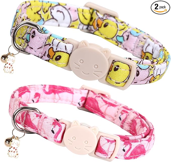 Elegant little tail 2 Pack Cat Collar-Animal Print Cotton Breakaway Cat Collars with Bell Pendant Kitten Boy Girl Safety Adjustable Collar for Small Cats Puppy