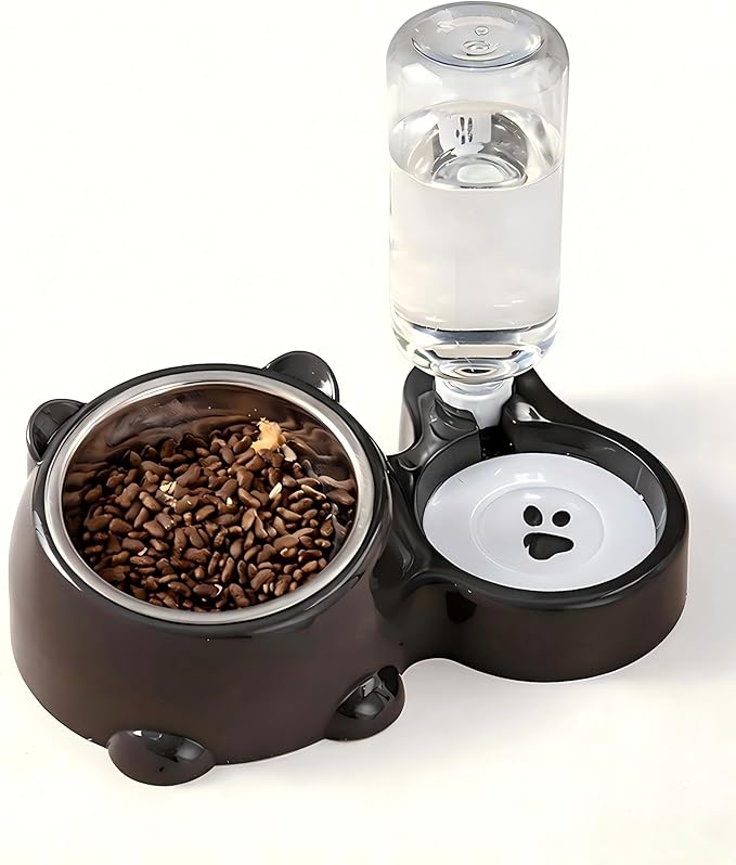 Generic Tilted Stainless Steel Dog Bowls, 2 in 1 Cat Water and Food Bowl, Automatic Refill Feeding Waterer Cat Bowls for Indoor Cats (Black)