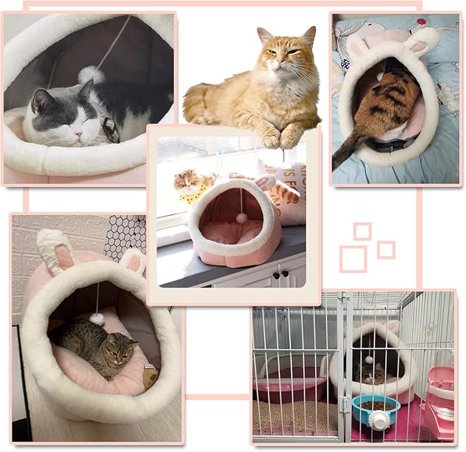 Andiker Cat Beds for Indoor Cats, Semi-Enclosed Cat Cave Bed with a Plush Ball Large Space for Cats to Sleep Soft and Comfortable Covered Cat Bed with a Washable and Detachable Mat (L, Pink)